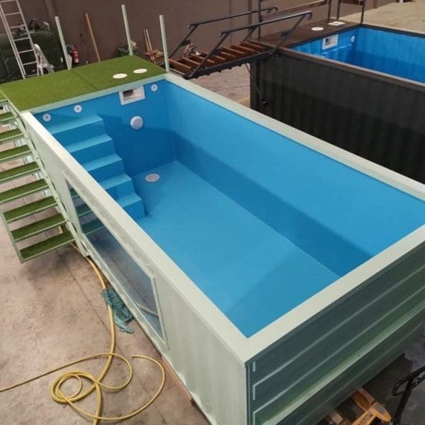 Shipping container pool in a garden